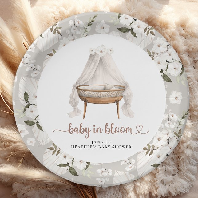 Boho Floral Baby Shower Teller Neutral Bassinet (Baby in bloom paper plates)