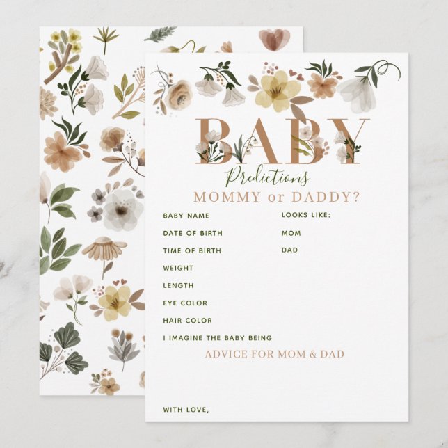 Boho Floral Baby Shower Vorhersagen & Ratschläge Hinweiskarte (Vorne/Hinten)
