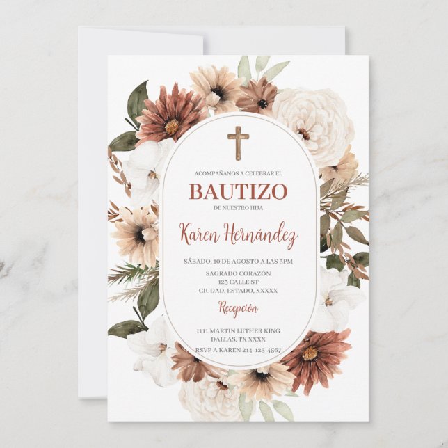 Boho Floral Baptême espagnol Invitation (Devant)