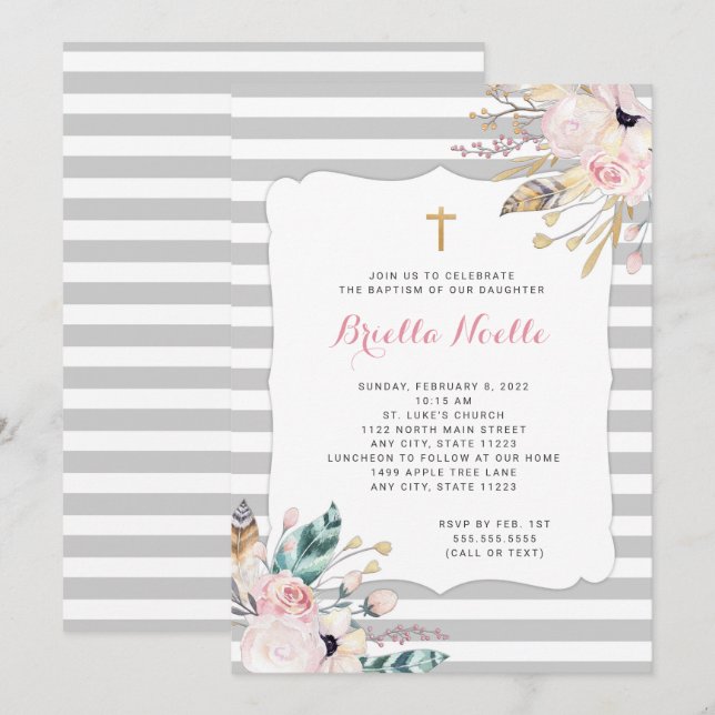Boho Floral Baptême ou invitations à la première c (Devant / Derrière)