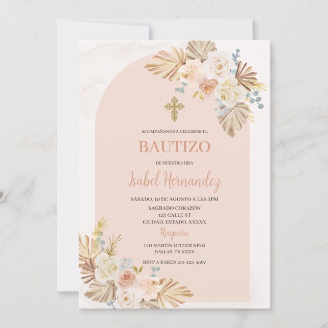 Boho Floral Bautizo Espagne Invitation (Devant)