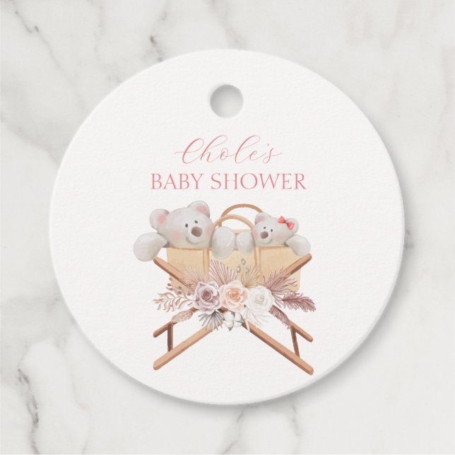 Boho Floral Bear Bassinet Girl Baby Dusche Geschenkanhänger (Vorderseite)