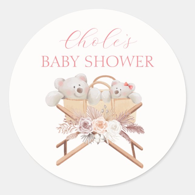 Boho Floral Bear Bassinet Girl Baby Dusche Runder Aufkleber (Vorderseite)