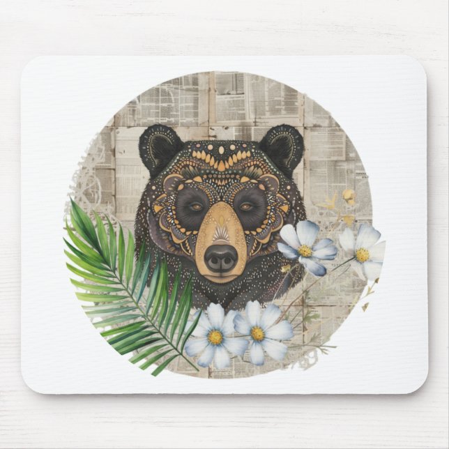 Boho Floral Bear on Vintage Paper Mousepad (Vorne)