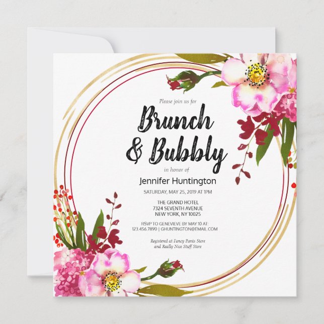 Boho Floral Berry Pink Gold Brautparty Einladung (Vorderseite)