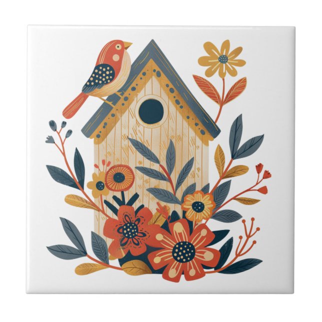 Boho Floral Bird House Skandinavische Folklorekuns Fliese (Vorderseite)