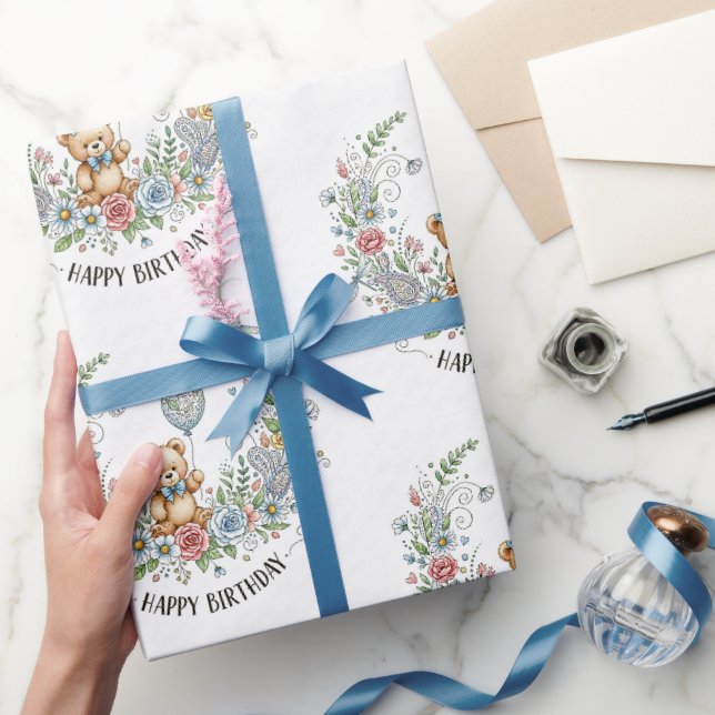 Boho floral birthday bear geschenkpapier (Schenken)