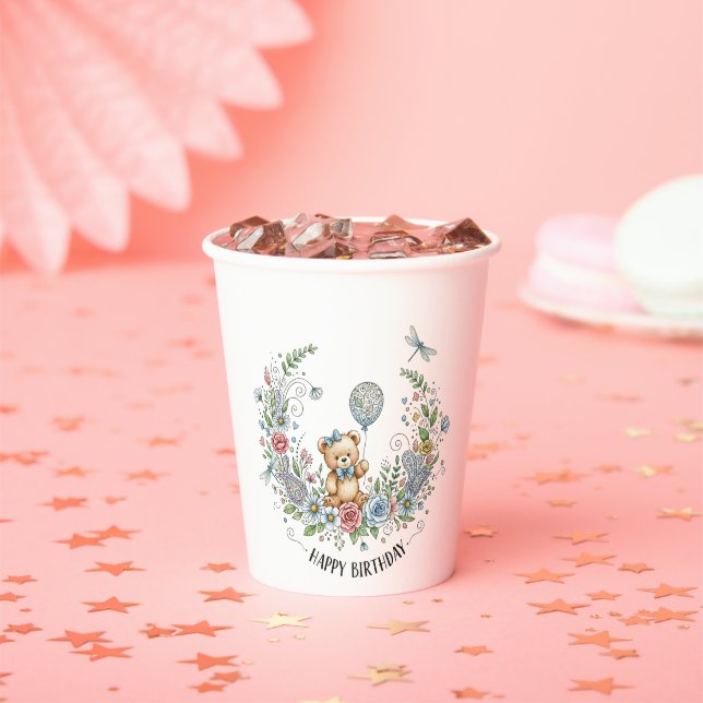 Boho floral birthday bear pappbecher (Insitu)