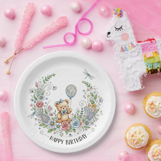 Boho floral birthday bear pappteller (Party)