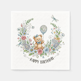 Boho floral birthday bear serviette