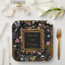 Boho Floral Black Butterfly Garden Wedding Pappteller