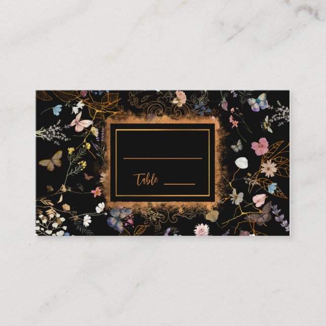 Boho Floral Black Butterfly Garden Wedding Platzkarte (Vorderseite)