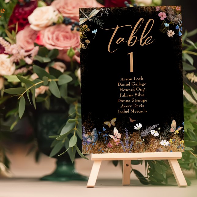 Boho Floral Black Butterfly Garden Wedding Tischnummer (Von Creator hochgeladen)