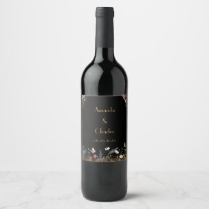 Boho Floral Black Butterfly Garden Weinetikett