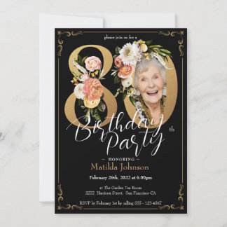 Boho Floral Black Gold Foto 80. Geburtstagsparty Einladung