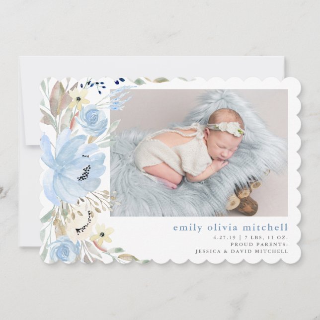 Boho Floral | Blaues Foto - Geburtsankündigung Ankündigung (Vorderseite)