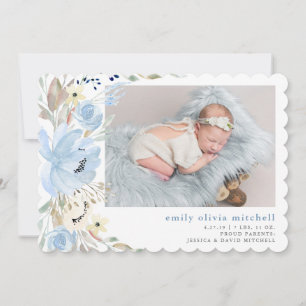 Boho Floral   Blaues Foto - Geburtsankündigung Ankündigung