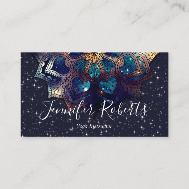 Boho Floral Blue Gold Mandala Chic Sparkle Stars Visitenkarte (Vorderseite)