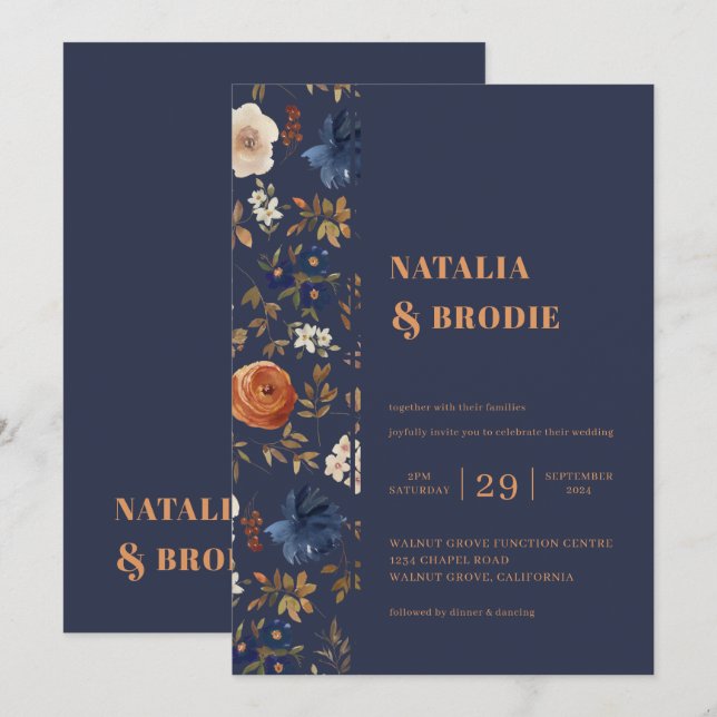 Boho Floral Blue Rust Wedding Einladung (Vorne/Hinten)
