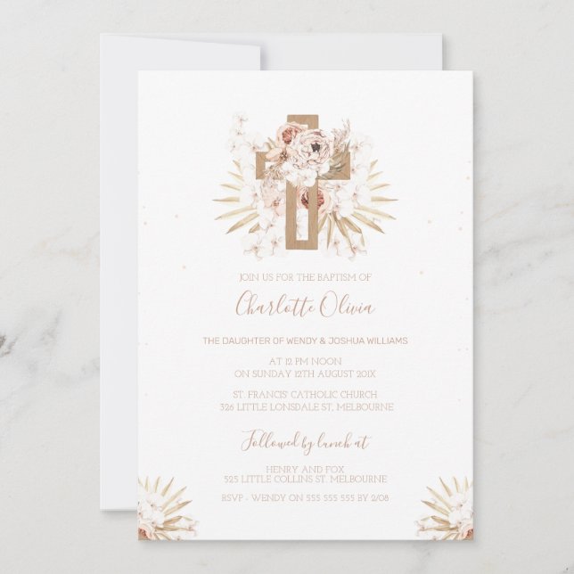 Boho Floral Bois Croix Baptême Invitation (Devant)