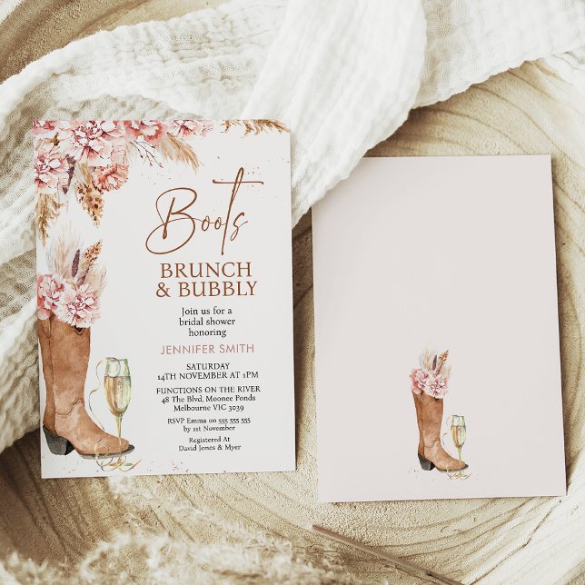 Boho Floral Boots Brunch Bubbly Brautparty Einladung (Blush boho floral boots, brunch and bubbly bridal shower invitation in a rustic style with glass)