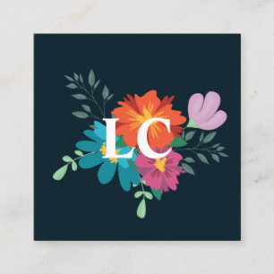 Boho Floral Bouquet Monogram Blue Quadratische Visitenkarte