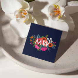 Boho Floral Bouquet - Navy Blue - Monogram Quadratische Visitenkarte