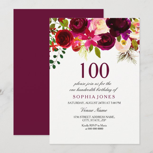 Boho Floral Bourgogne 100e anniversaire Invitation (Devant / Derrière)