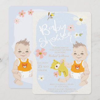 Boho Floral Boy Einladung Blue Baby Dusche