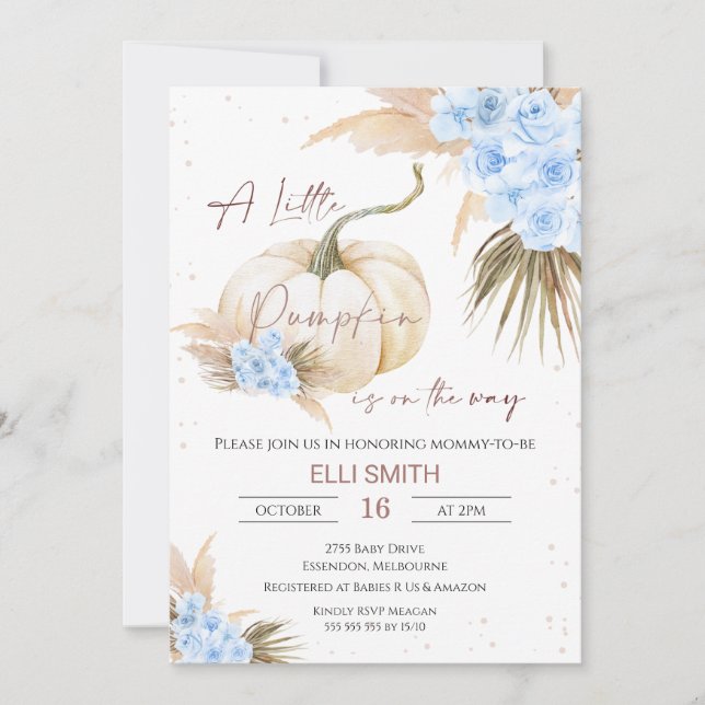 Boho Floral Boys Little Pumpkin Baby Shower Einladung (Vorderseite)