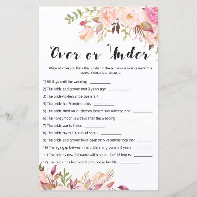 Boho Floral Brautparty Game - Over oder Under (Vorderseite)