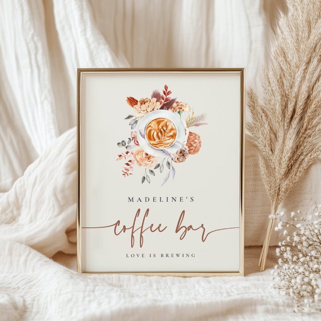 Boho Floral Brautparty Kaffeeunterschrift Poster (Bridal shower coffee bar sign)