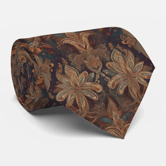 Boho Floral Brown Purple Bohemian Style Cravate (Roulé)