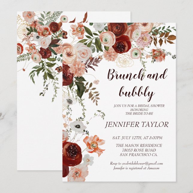 Boho Floral Brunch und Bubbly Brautparty Einladung (Vorne/Hinten)