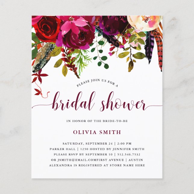 Boho Floral | BUDGET Bridal Dusche Einladung (Vorderseite)