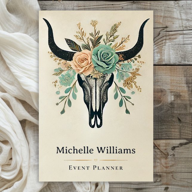 Boho Floral Bull Kuh Skull Western Rustikal Visitenkarte (Front - Boho Floral Bull Cow Skull Western Rustic Business Card)