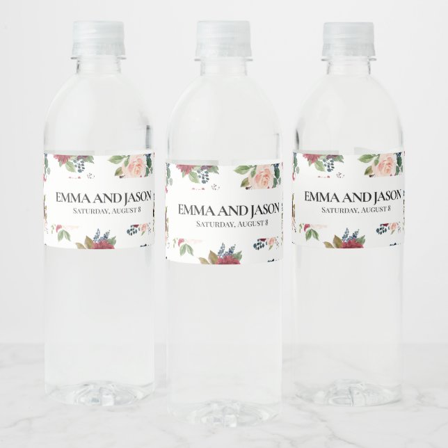 Boho Floral Burgundi Wasser Flasche Etikett (Flaschen)
