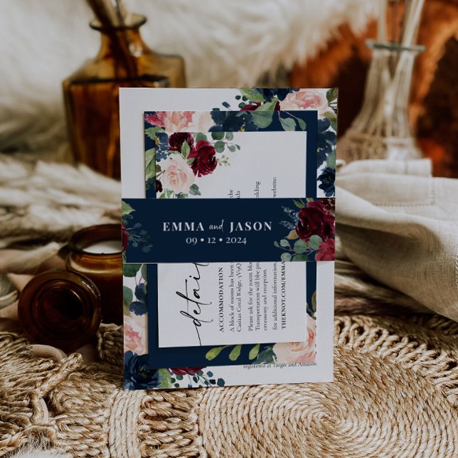 Boho Floral Burgundy Navy Einladung Bauchband Einladungsbanderole (Von Creator hochgeladen)