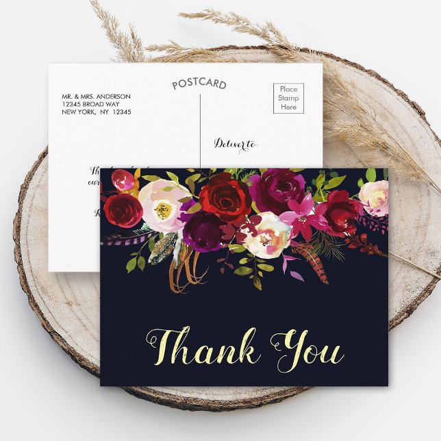 Boho Floral Burgundy Navy Hochzeit im Herbst Viele Postkarte (Front & Back)