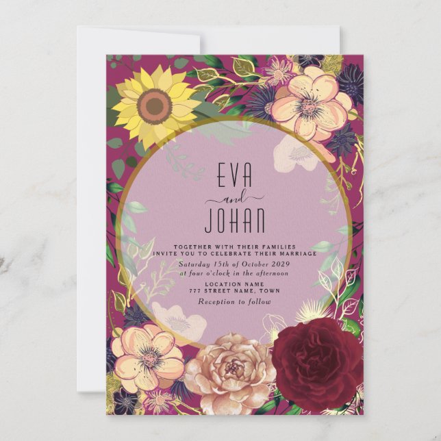Boho Floral Burgundy Pink Wedding Einladung (Vorderseite)
