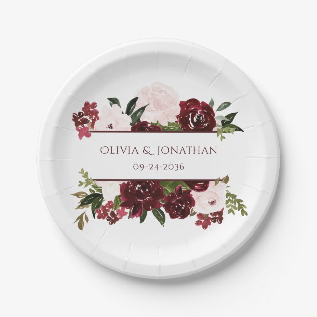 Boho Floral Burgundy und Blush Elegante Hochzeit Pappteller (Vorderseite)