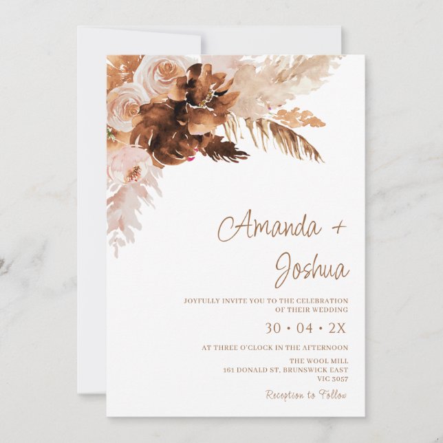 Boho Floral Burnt Orange Pampas Grass Wedding Einladung (Vorderseite)