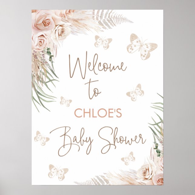 Boho Floral Butterfly Kisses Baby Dusche Willkomme Poster (Vorne)
