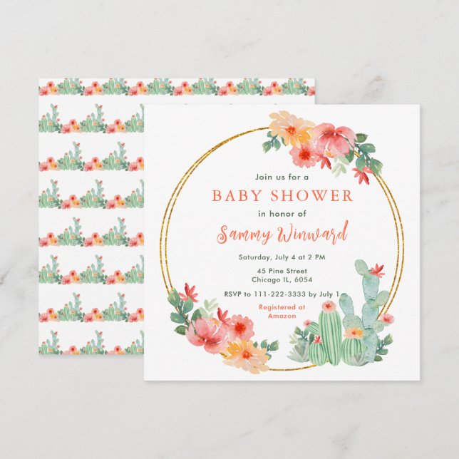 Boho Floral Cactus Baby Shower Einladung (Vorne/Hinten)