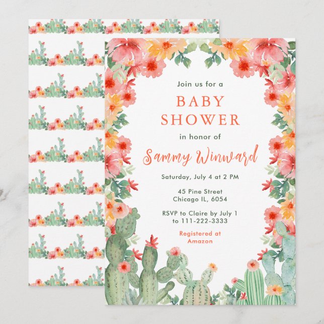 Boho Floral Cactus Baby Shower Einladung (Vorne/Hinten)
