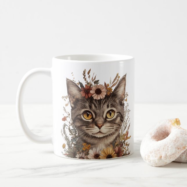Boho Floral Cat Face Tasse - Stilvoll & witzig (Mit Donut)