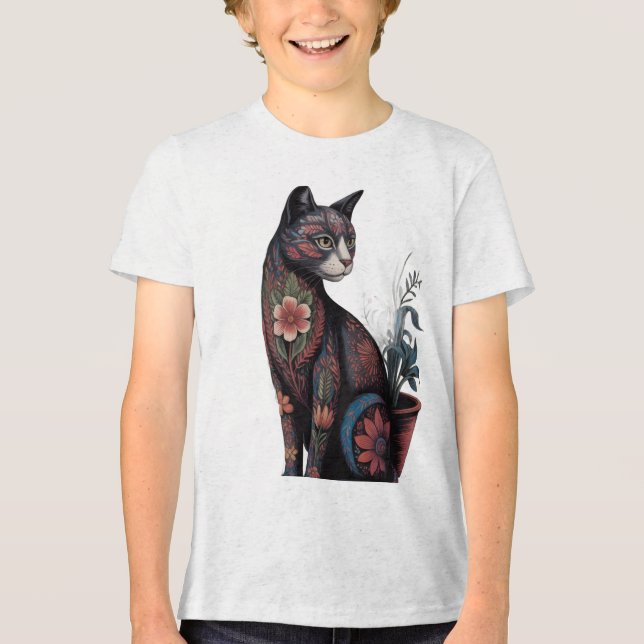 Boho Floral Cat T-Shirt – Artistic Botanical  Tri-Blend Shirt (Vorderseite)