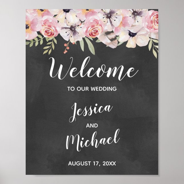Boho Floral Chalkboard Wedding Welcome Sign Poster (Vorne)