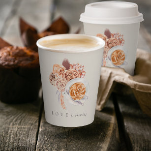 Boho Floral Coffee "Liebe is Brewing" Brautparty Pappbecher