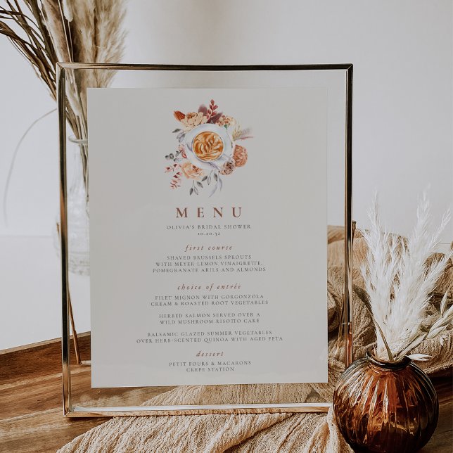 Boho Floral Coffee Theme Brautparty-Menü-Zeichen Poster (Coffee theme bridal shower menu sign)